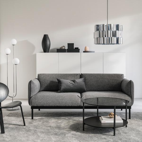 A chrome-plated/opal white glass SIMRISHAMN floor lamp