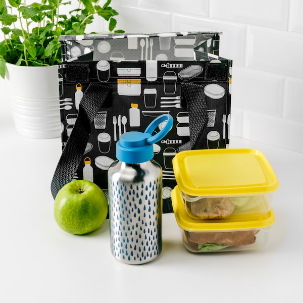 A patterned/blue ENKELSPÅRIG water bottle