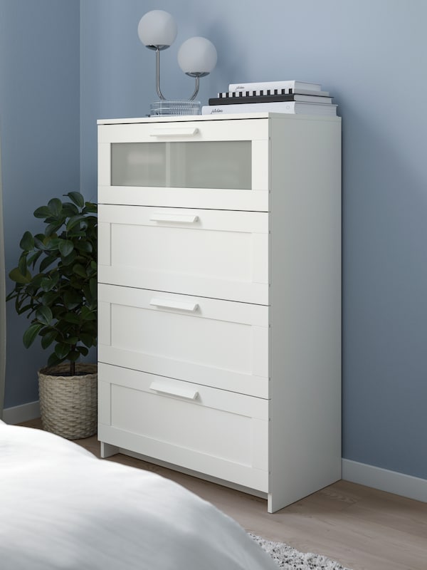 A white/frosted glass BRIMNES chest of 4 drawers