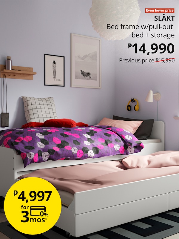 SLÄKT
Bed frame w/pull-out bed + storage
for P14,990 
P15,990 previous price
P4,997 for 3 months to pay with Installment Payment Plan